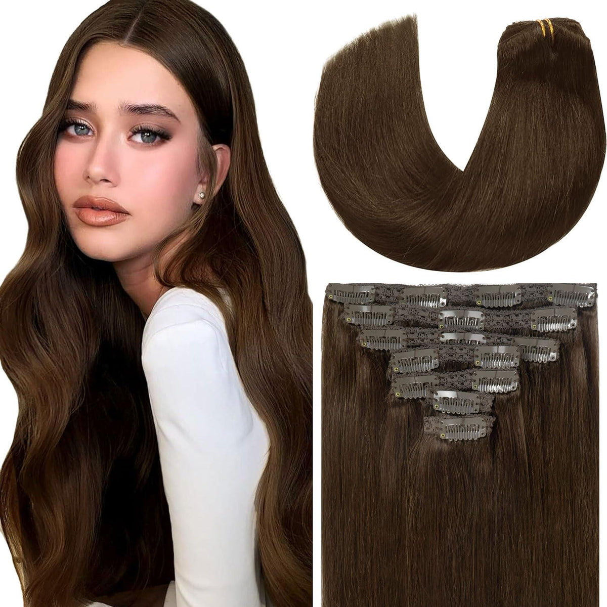 Loxxy 22Inch Clip In Hair Extensions Brown Real Human Hair Clip Ins Extensions Light Dark Brown Double Weft Straight Real Hair E