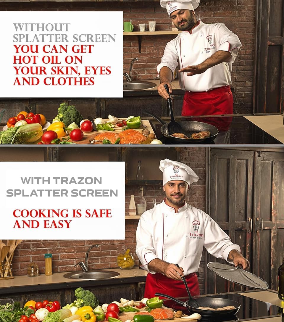 Grease Splatter Screen for Frying Pan 13 inch - Stops 99% of Hot Oil Splash - Protects Skin from Burns - Splatter Guard for Cooking - Iron Skillet Lid Keeps Kitchen Clean, includes Silicone Spatula