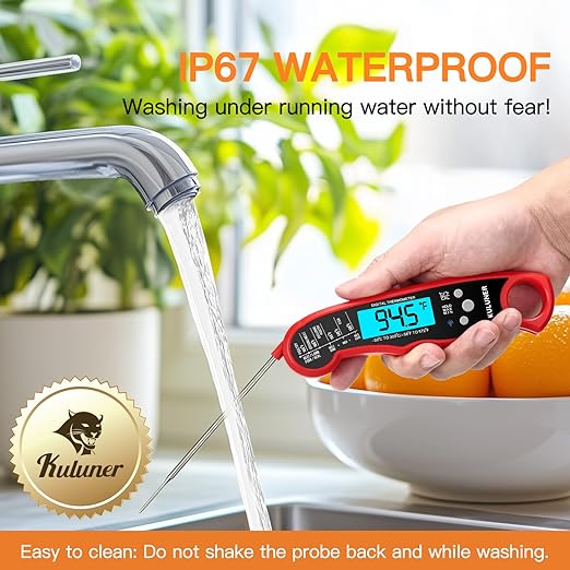 KULUNER TP-01 Waterproof Digital Instant Read Meat Thermometer with 4.6 Folding Probe Backlight Calibration Function for Cooking Food Candy, BBQ Grill, Liquids,Beef（Red）