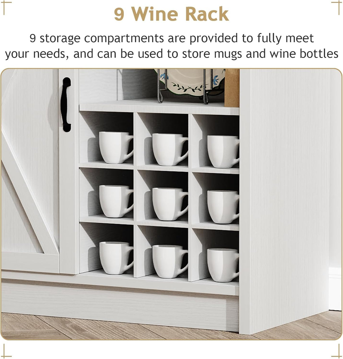 4ever2buy 72" Farmhouse Coffee Bar Cabinet with Sliding Barn Door, White Coffee Bar with Storage, Large Kitchen Buffet Cabinet with Wine Rack, Tall Bar Cabinet Table Living Dining Room