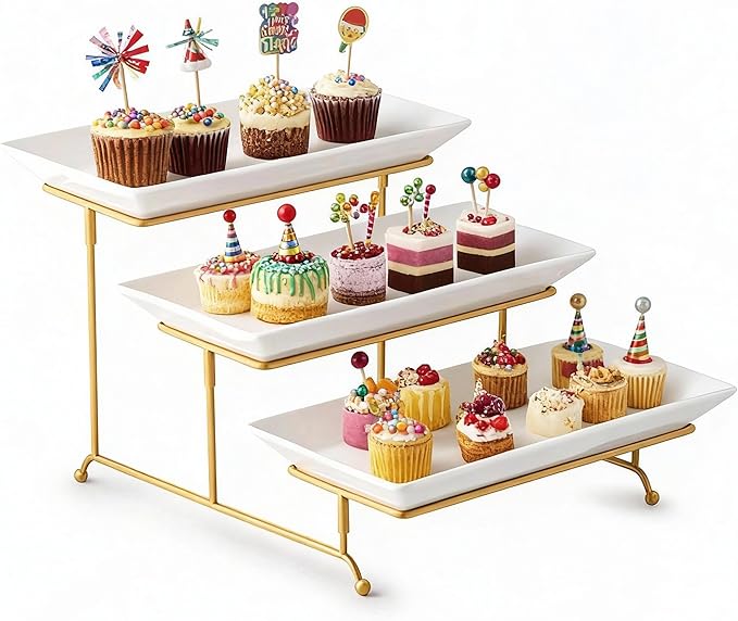 Gomakren 3 Tier Serving Stand with Porcelain Serving Platter Tray - Collapsible Gold Stand with 3 Piece Large14 Inch White Plates for Food Presentation Dessert Server Display and Entertaining