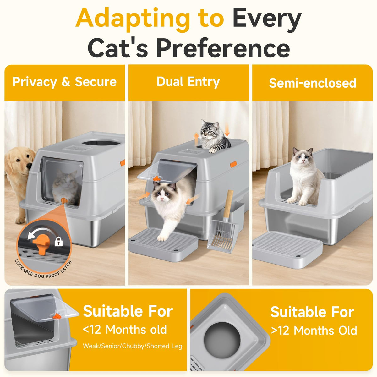 Tevila XL Enclosed Stainless Steel Litter Box with Lid, Light Gray