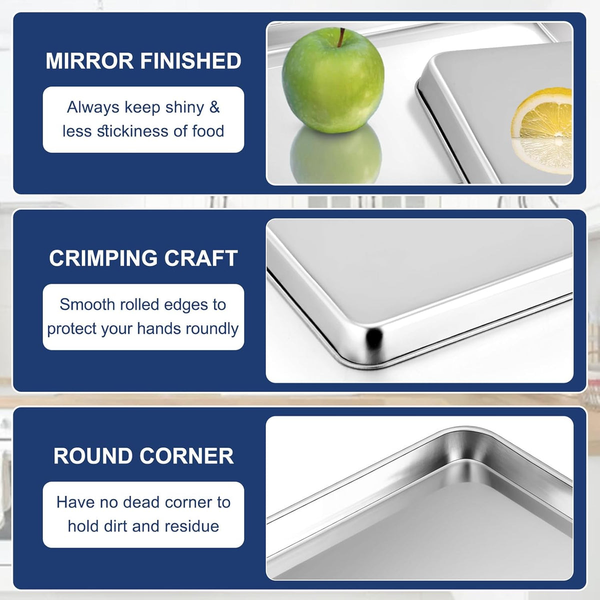 P&P CHEF 9 Inch Baking Cookie Sheet, Oven Pan Tray Stainless Steel Sheet Pan for Kitchen, Oven Bakeware for Multi Uses, Shiny Look & Dishwasher Safe, Healthy & Heavy Duty, 2Pcs