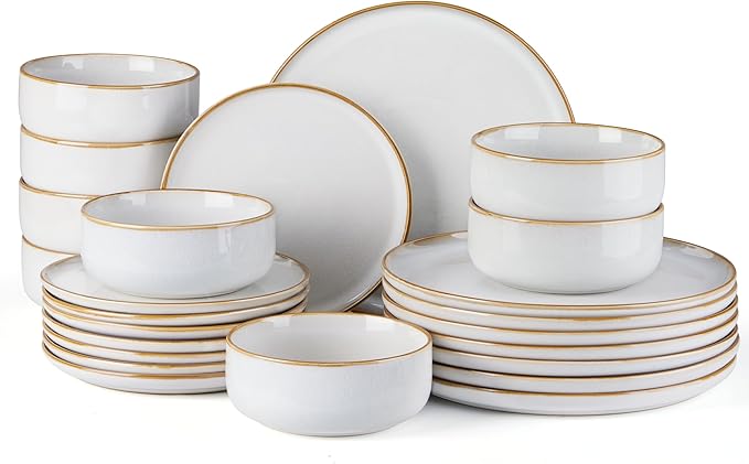 E-far Plates and Bowls Set for 8, 24-Piece Stoneware Dinnerware Sets, Ceramic Dinning Ware Reactive Glaze Dishes Set, Microwave & Dishwasher Safe - Seashell White