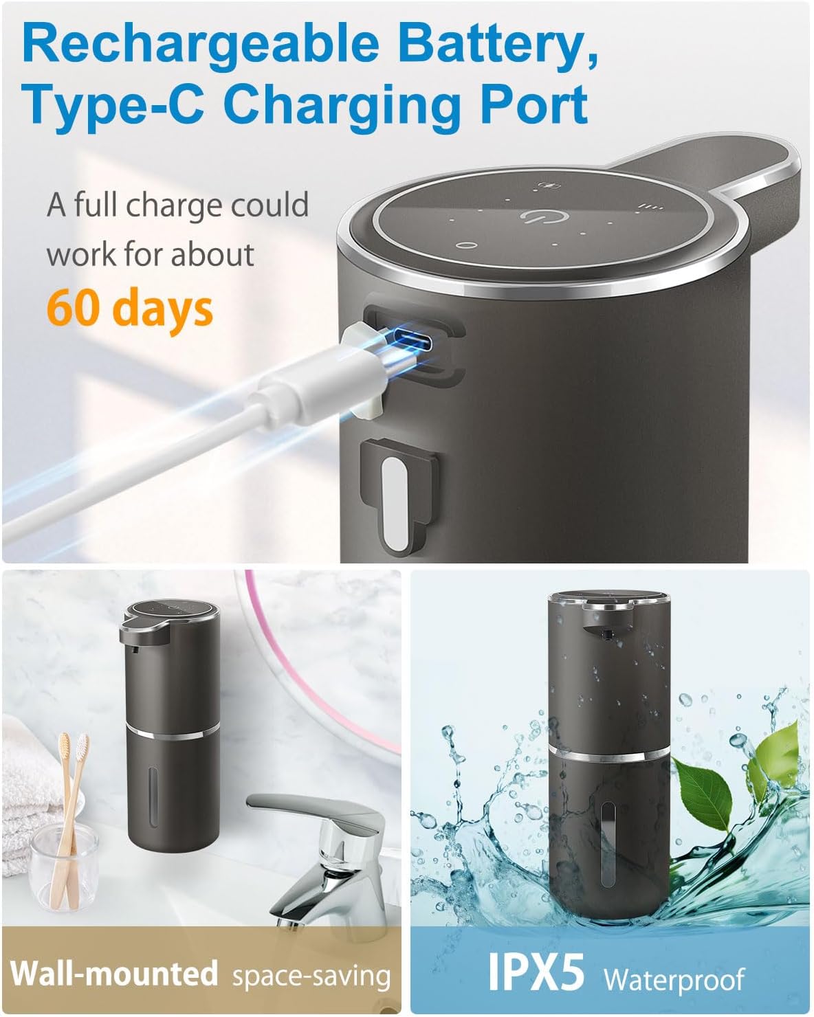Automatic Liquid Soap Dispenser,4-Level Adjustable, Wall Mount,USB Rechargeable,12.8oz/ 380ml,Touchless Hand & Dish Soap Dispenser for Bathroom, Kitchen,Hotel, Restaurant