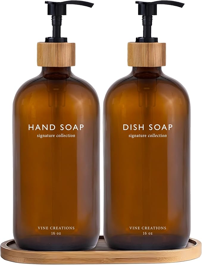 Vine Creations Amber Glass Soap Dispenser Set, Hand Soap and Dish Soap Dispenser Set with Bamboo Tray, 16 oz Glass Dispensers Bottle for Kitchen and Bathroom Decor Modern Boho with Bamboo Pump (Amber)