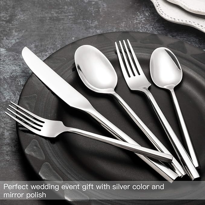 Silverware Set Flatware Set Stainless Steel Heavy Cutlery Set Hexagon Handle Mirror Finished 60 Pieces Service for 12