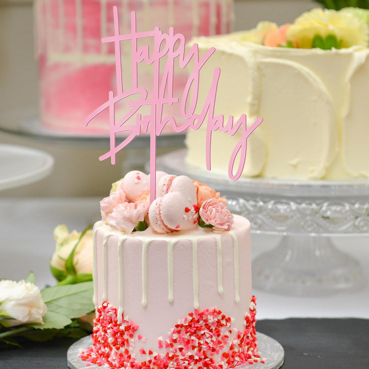 1PCS Pink Birthday Cake Topper, 5.3 x 7.2Inches Happy Birthday Cake Topper, Acrylic Happy Birthday Cake Sign for Children or Adults, Party Cake Desserts Decor and Photo Booth Props