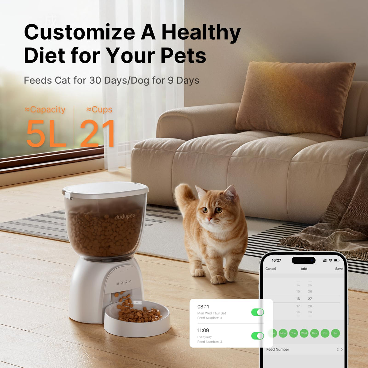 Automatic Cat Feeder with WiFi, Timed Cat Dry Food Dispenser for Cats Dog