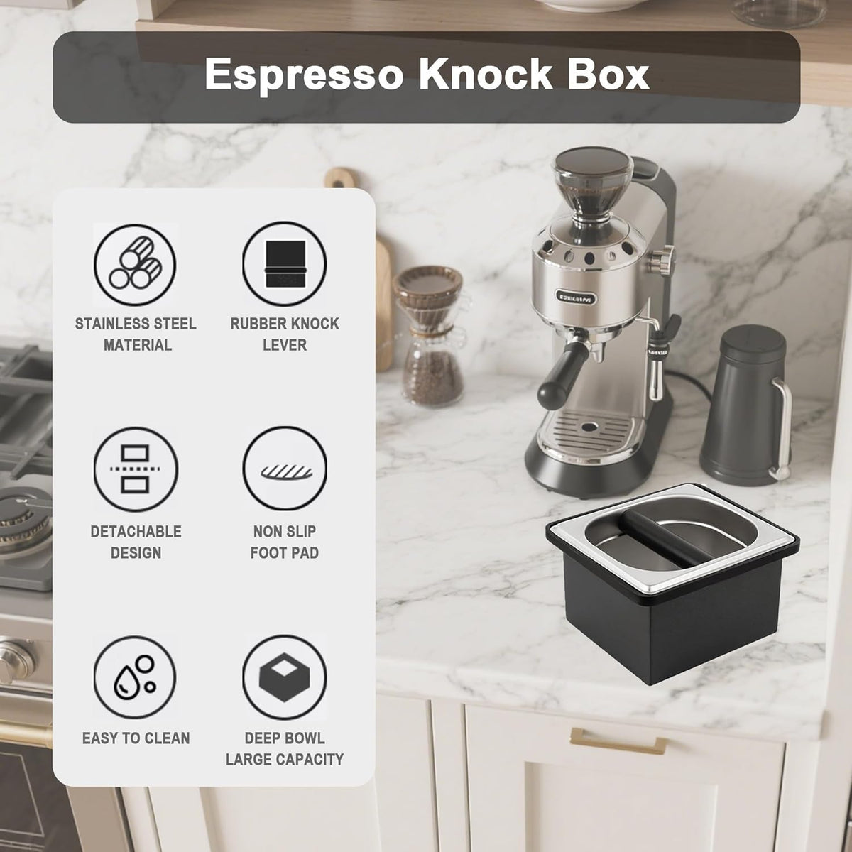 Espresso Knock Box, Coffee Knock Box for Espresso Grounds Disposal, Large Capacity, Equipped with Noise Reduction Rubber Ring & Steel Holder, Ideal Tool for Espresso Machines, Black (Small)