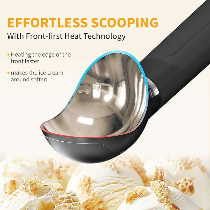 Heated Ice Cream Scoop, Electric Scooper for Hard IceCream, Self Warming Spoon Max to 158℉, Rechargeable Battery, Rust-Proof Metal, Easy to Clean(Black)