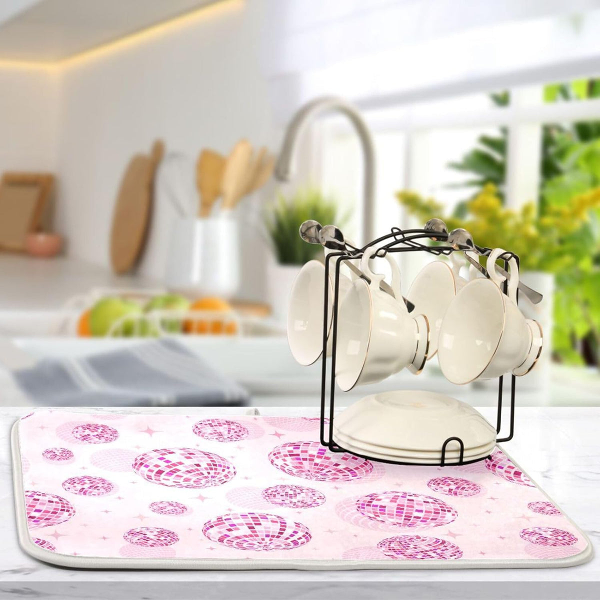 Disco Balls Pink Dish Drying Mat for Kitchen Counter Absorbent Microfiber Drying Pad, Medium 16x18 in, Reversible Drainer Mats