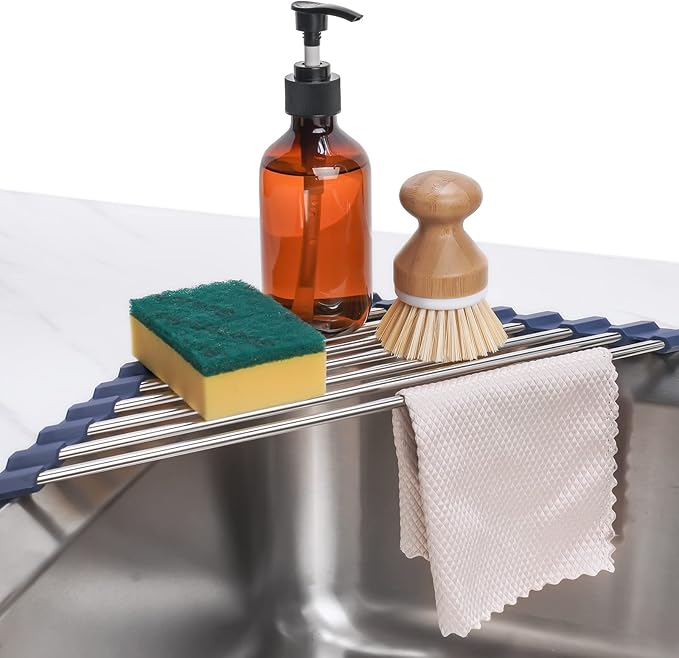 Tomorotec Triangle Roll-Up Dish Drying Rack for Sink Corner Small Foldable Stainless Steel Over The Sink Multipurpose Kitchen Drainer Caddy Organizer Storage Shelf Holder (Deep Blue)
