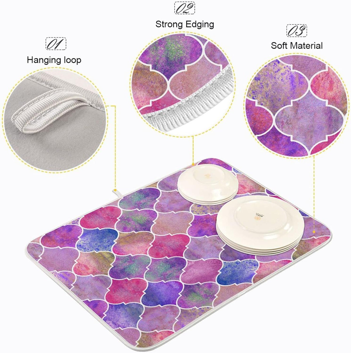 senya Super Absorbent Dish Drying Mat, Microfiber Fast-Drying Dish Mat, 16'' x 18'', Kitchen Dish Drying Pad, Vintage Decorative Moroccan,16x18in