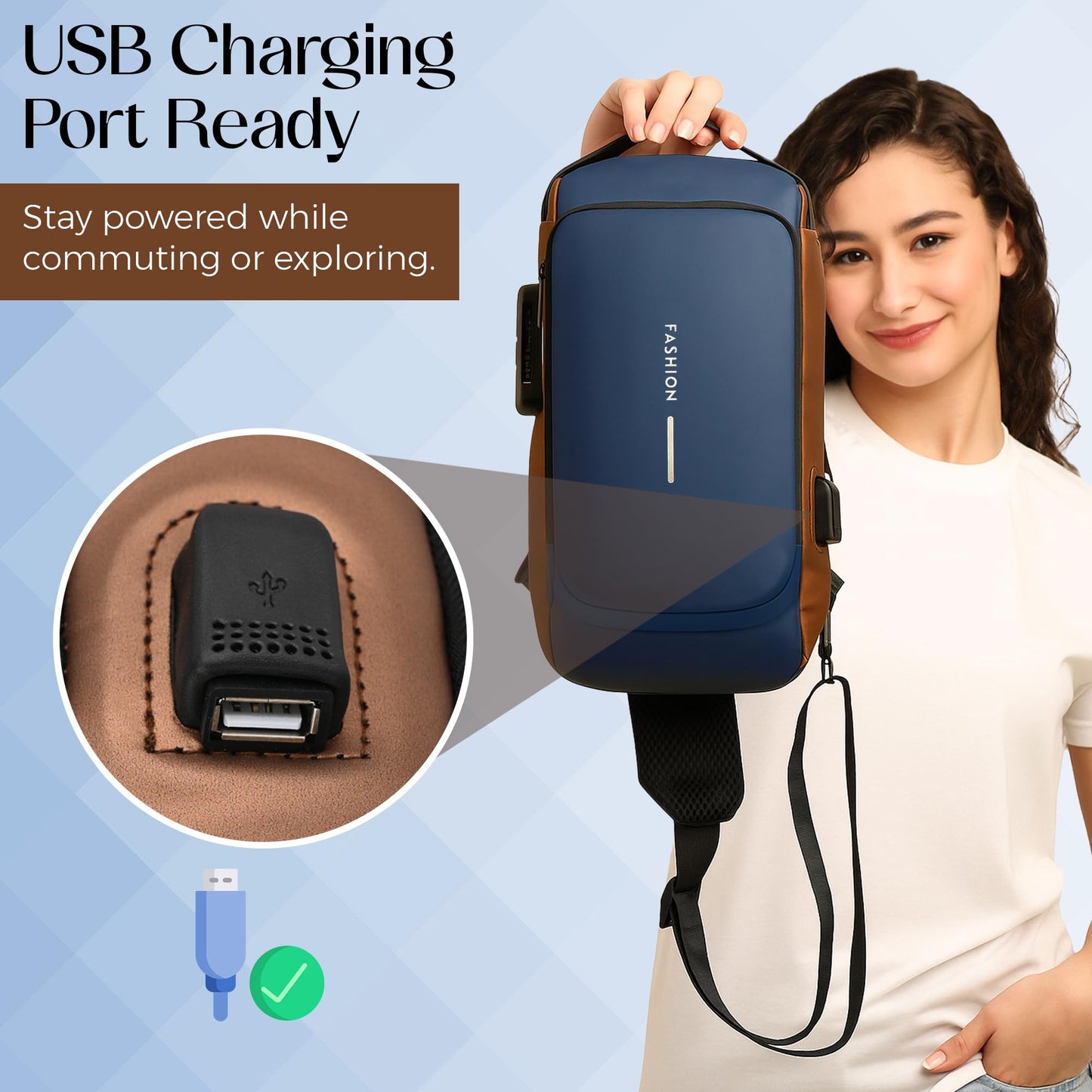 TS WITH TECHSUN Unisex Anti-Theft Sling Bag with USB Port, Water-Resistant Crossbody Chest Backpack for Travel & Work