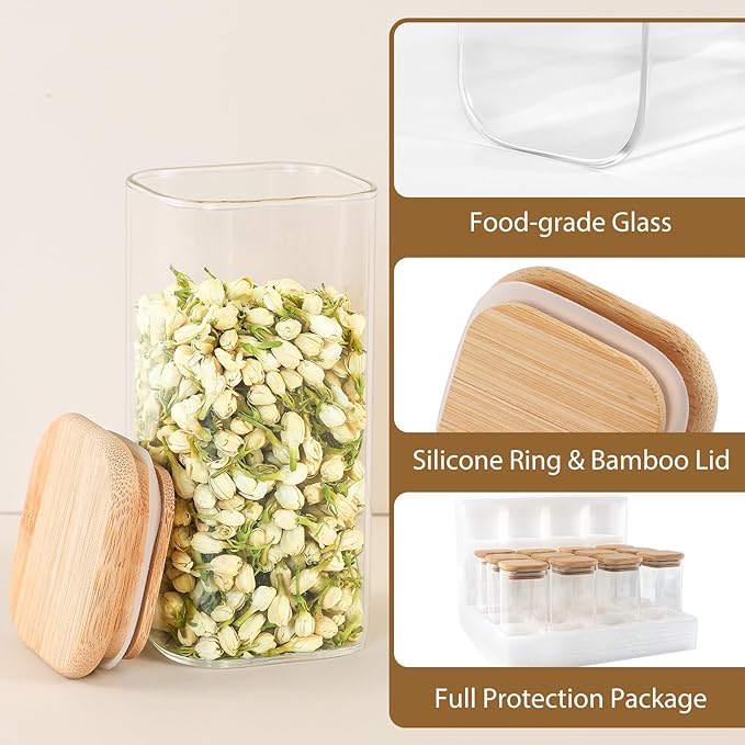 TBWIND 12 Pack 10 oz Square Glass Spice Jars with Lids and Labels – Airtight Small Spice Containers Set, Clear Glass Storage Jars for Seasoning, Spices, Kitchen Pantry Organization