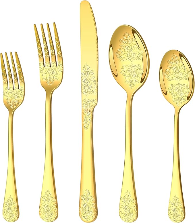 20 Pcs Gold Silverware Set for 4 with Classical Flower Embossed Design, Food Grade Stainless Steel Flatware Set, Eating Utensils Sets Include Fork/Knife/Spoon, Cutlery Set, Dishwasher Safe