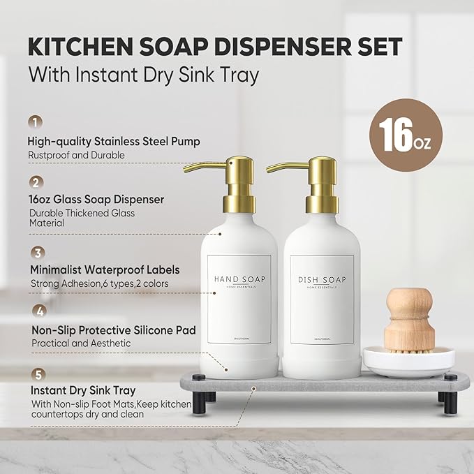 Kitchen Soap Dispenser Set with Instant Dry Tray,16 Oz Hand and Dish Soap White Glass Dispenser Set,Stainless Steel Pump,Waterproof Labels&Dish Brush,Luxury Soap Bottle for Kitchen,Bathroom