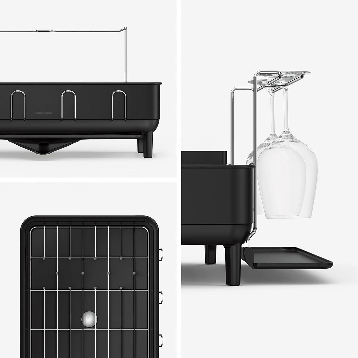 simplehuman Large Capacity Dish Drying Rack with Stainless Steel Frame, 360º Easy Drain Swivel Spout, Utensil & Wine Glass Holder, Anti-Residue Coating, Moisture Control Surface, Matte Black