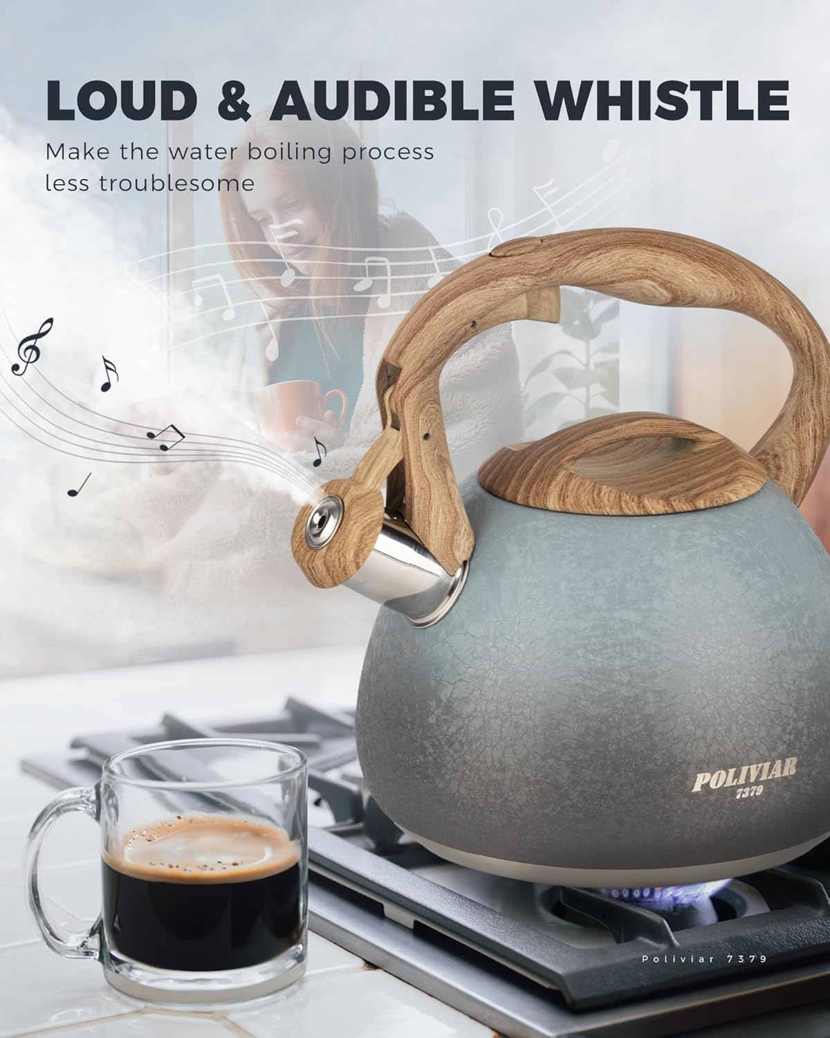 POLIVIAR Tea Kettle, 2.7 Quart Stovetop Tea Kettle, Audible Whistling Teapot with Crackle Finish, Food Grade Stainless Steel for Anti-Rust, Anti Hot Handle, Suitable for All Heat Sources (JX2023-LYL)