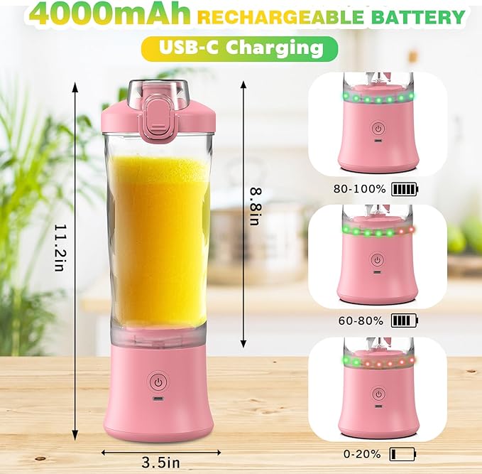 Portable Blender Personal Juicer for Shakes and Smoothies - 20 OZ Electric Protein Shaker Bottle with Insulated Sleeve, Travel Lid, USB-C Rechargeable - Mini Small Blender Cup for Kitchen, Office, Gym