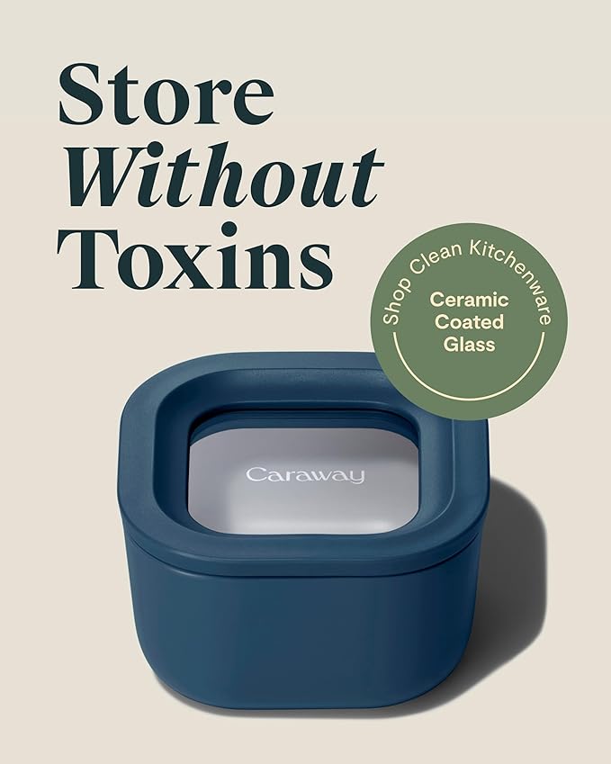 Caraway 6pc Food Storage Container Set - 1.75 Cup Glass Storage Container for Food (6) - Non-Toxic Ceramic-Coated Glass - Air Release Technology - Compact & Stackable Design - Navy