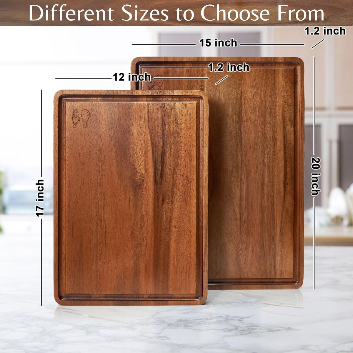 Acacia Wood Cutting Board (17x12x1.2 In.) - Big Wooden Non Toxic Hardwood Organic Meat Steak Chef Butcher Block Boards for Kitchen with Juice Groove