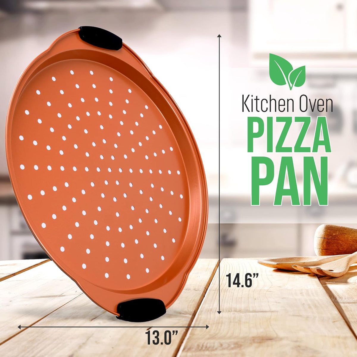 NutriChef 13-Inch Nonstick Pizza Tray - Round Carbon Steel Non-Stick Pizza Baking Pan with Perforated Holes, Premium Bakeware Pizza Screen with Silicone Grip Handles, Dishwasher Safe - Copper