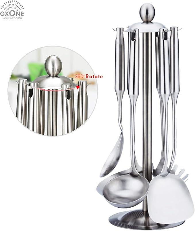 Kitchen Utensil Set – 6 Piece Stainless Steel Cooking Utensils with Rotating Holder Organizer Includes Slotted Spoon, Slotted Spatula, Large Spoon, Soup Ladle, Spatula, Pasta Server Silver/7PCS