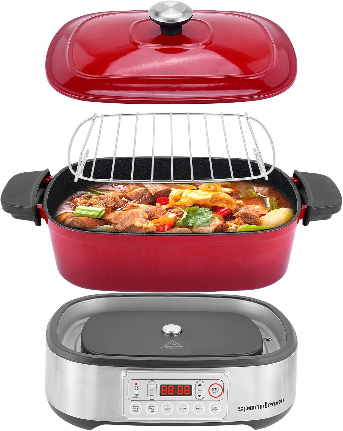 Electric Dutch Oven Multi-Cooker 6-in-1, 5.8QT Enameled Cast Iron Pot - Oven Safe Pot to 392℉, 1250W Fast Heating, 6 Preset Functions- Slow Cook, Sauté, Sear, Steam, Fast Cook, Keep Warm