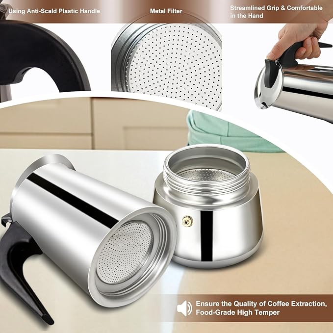 4 Cup Stovetop Espresso Maker Stainless Steel Moka Pot Stove Top Percolator Italian Coffee Makers Capable Mocha Greca Machine Cafe Classic Induction Cookers for Home and Camping 200ml 6.6oz