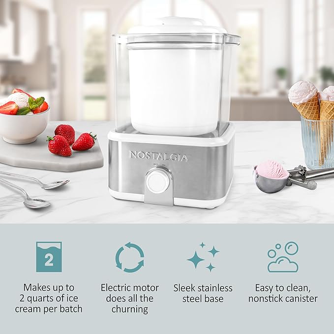 Nostalgia Electric Ice Cream Maker with 2-Qt Double Insulated Gel Canister & Stainless Steel Base - Makes Sorbet, Soft Serve, and Frozen Yogurt - White