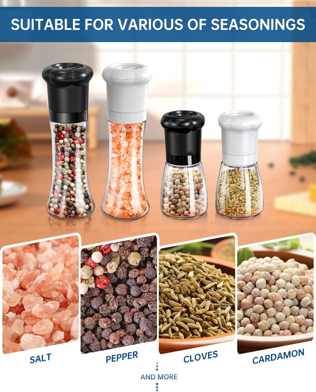 CIRCLE JOY Manual Salt and Pepper Grinder Set For Professional Chef, Refillable Salt and Pepper Shakers with Ceramic Blades, Adjustable Coarseness and BPA-free 180ml Glass Container, Tall Black White