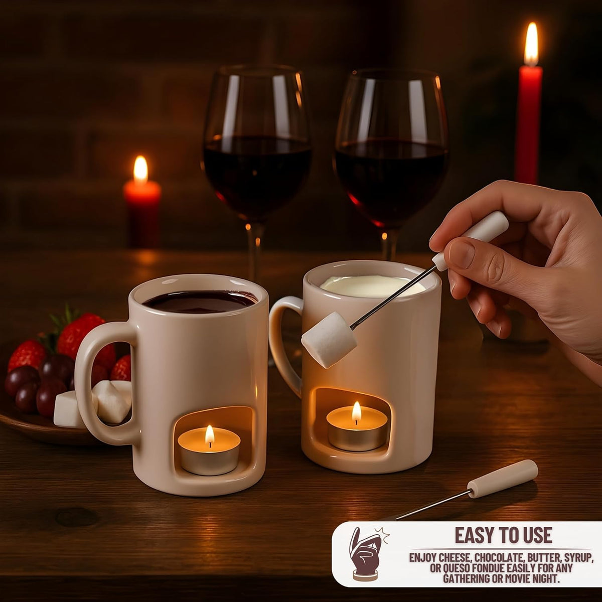 Evelots Fondue Pot Set for Chocolate, Cheese, Candy (2 Pack) Mini Ceramic Fondue Mugs Gift Set with 4 Forks & 8 Candles - Great for Date Night Birthday & Wedding Gifts