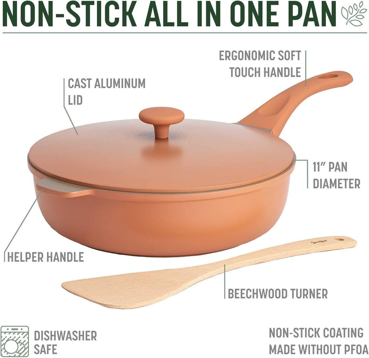Goodful All-in-One Pan, Multilayer Nonstick, High-Performance Cast Construction, Multipurpose Design Replaces Multiple Pots and Pans, Dishwasher Safe Cookware, 11-Inch, 4.4-Quart Capacity, Terracotta