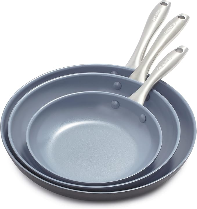 GreenPan Lima Hard Anodized 8" 10" & 12" Frying Pan Skillet Set, Ceramic Nonstick, PFAS-Free Nontoxic Pots & Pans, Oven & Broiler Safe, Stainless Steel Handles, Cookware for Eggs & Omelet, Gray