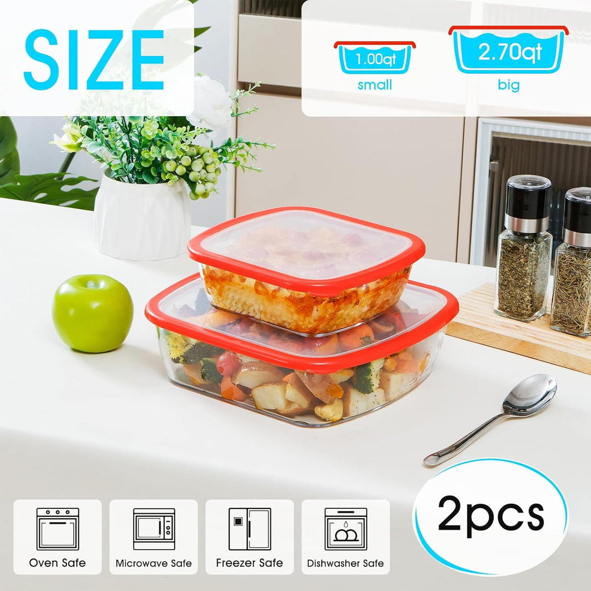 NUTRIUPS 2-Piece 9x9 & 7x7 Square Glass Baking Dish with Lid Set, Deep Baking Pan, Oven Dishwasher and Microwave Safe (Tempered Glass, 1 QT, 2.7 QT)