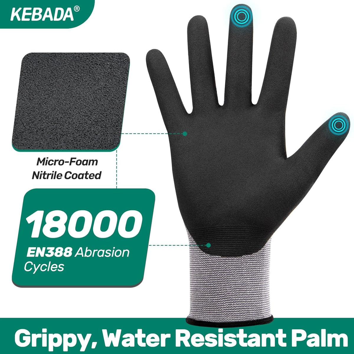 Kebada W2 Safety Work Gloves, Micro-Foam Nitrile Coated Gloves, Touchscreen,Ideal for Package Handling, Gardening, Construction, 1 Pair Medium