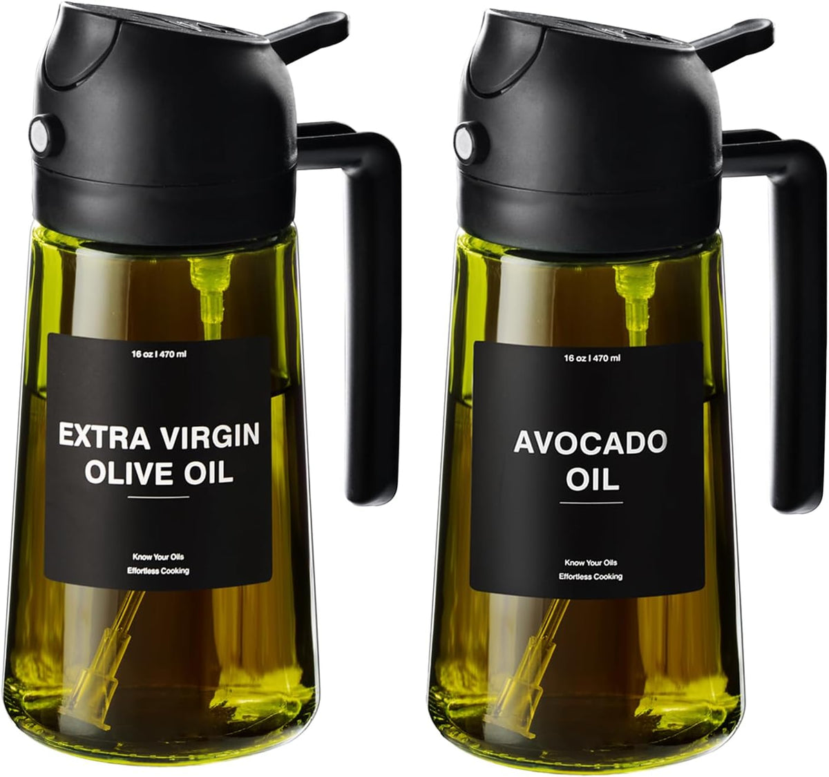 CXINYI - 16oz/470ml Olive Oil Dispenser for Kitchen with Stickers - 2 in 1 Olive Oil Sprayer for Cooking, Air Fryer, and Salad, 2 Black (Light-Proof Kitchen Gadget)