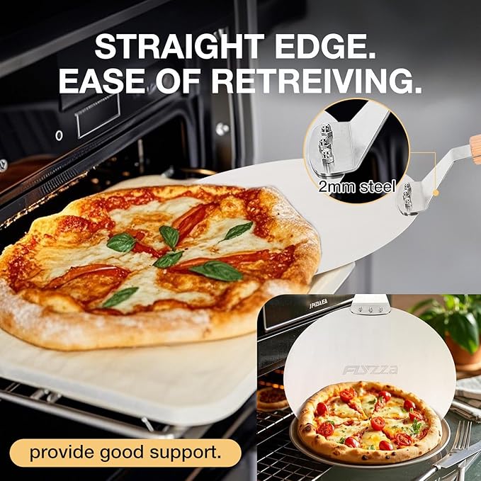 12 Inch Stainless Pizza Peel, Pizza Spatula with Ergonomic Long Wood Handle for Pizza Oven Baking, Turing Peel for Pizza, Dough, Bread Pastry