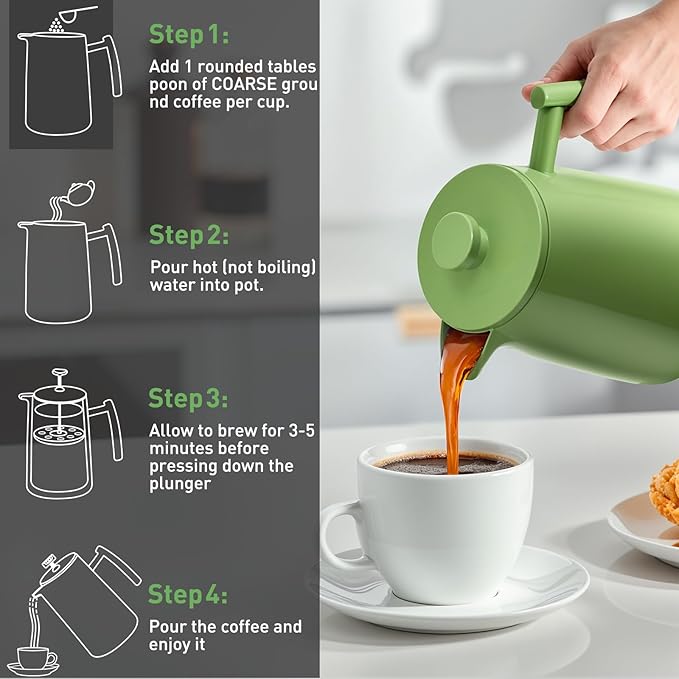 Secura 50oz French Press Coffee Maker – 304 Stainless Steel, Insulated Coffee Press with Extra Filter, Green