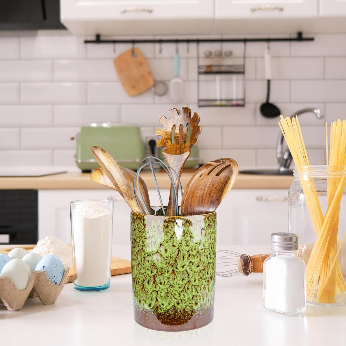 Utensil Holder, Ceramic Kitchen Utensil Holder for Countertop, Large Cooking Utensil Crocks for Kitchen Counter, Morden Utensil Organizer for Spatula, kitchen Decor,Green