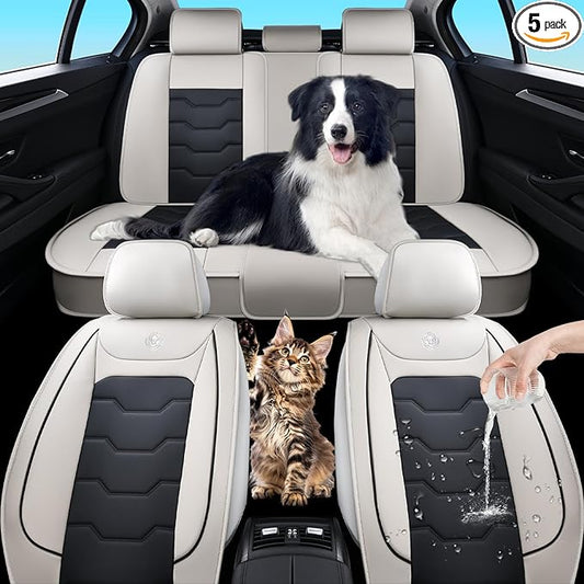 Gray Car Seat Covers Complete Set, Universal Car Seat Covers for Cars, Premium Waterproof Leather, Protect & Upgrade Car Interiors, Airbag Compatible, Easy to Install & Clean Up