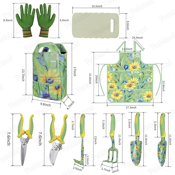10-Piece Garden Tool Set – Green Floral Gardening Hand Tools with Non-Slip Handles, Heavy Duty Rust-Proof Aluminum Tools, Organizer Tote Bag, Ideal Gardening Gifts for Women & Grandma