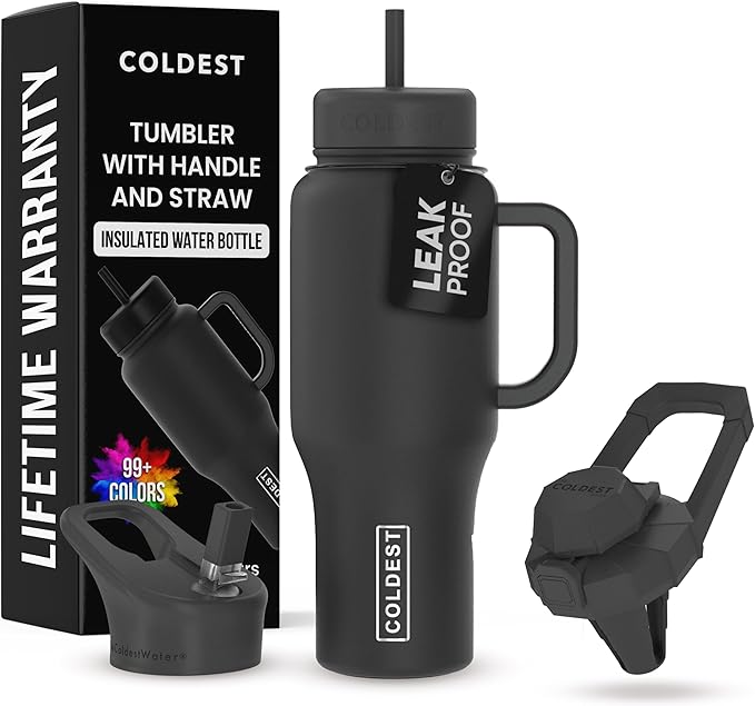 Coldest Tumbler with Handle and Straw - 100% Leak Proof Insulated Tumbler with Lid and Straw (3 Lids) - Stainless Steel Tumblers for Women & Men - Cup Holder Friendly Base, 36 oz (Stealth Black)
