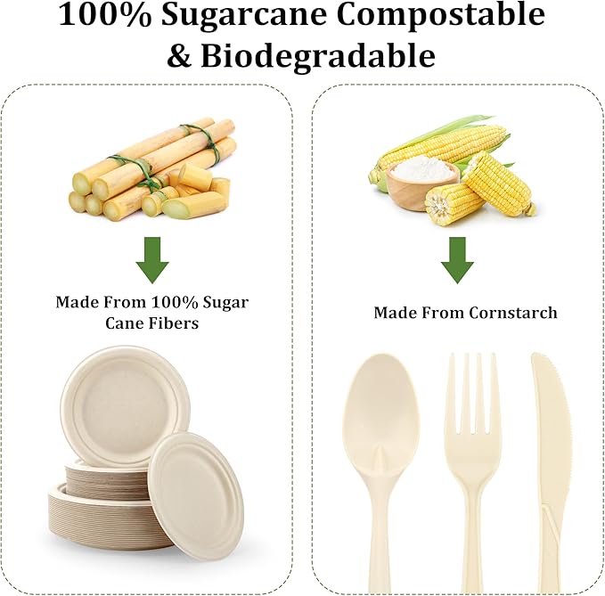 Compostable Paper Plates Set, 250PCS Disposable Heavy-Duty Sugarcane Plate and Eco-Friendly Utensil Biodegradable Dinnerware Plates, Extra Long Forks & Knives & Spoons for Party