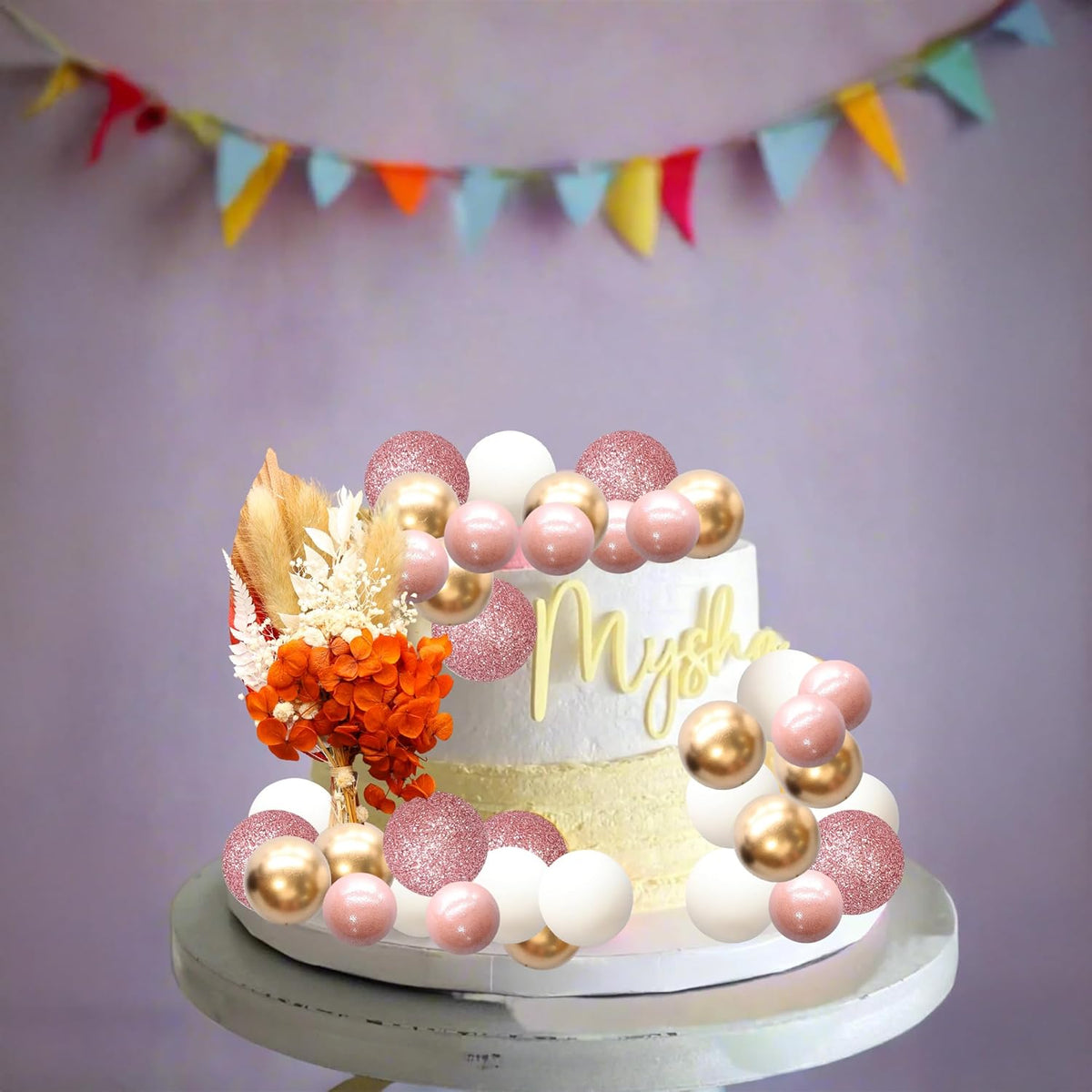 Gyufise 21 Pack Flower Boho Cake Topper Ball Cake Decorations Palm Leaves Plants Cake Decor for Girl Bohemian Princess Theme Wedding Baby Shower Birthday Party Supplies Rose Gold