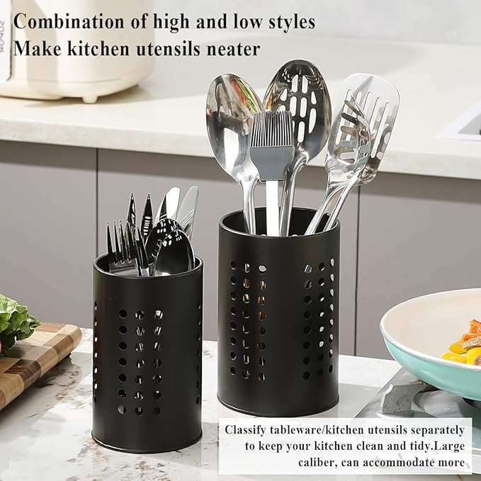 Evanda Kitchen Utensils Holder for Countertop Pack of 2, Stainless Steel Black Utensils Caddy, Farmhouse Stylish Organizer and Kitchen Decor Utensil Crock, Gift for New House New Apartment