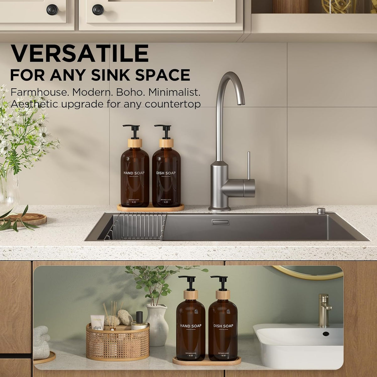 Hand and Dish Soap Dispenser Set,16oz Glass Bottles with Printed Labels, Bamboo Tray & Pump,Countertop Soap Dispensers for Kitchen,Luxury, Minimalist & Farmhouse Decor (Hand Dish (Amber))