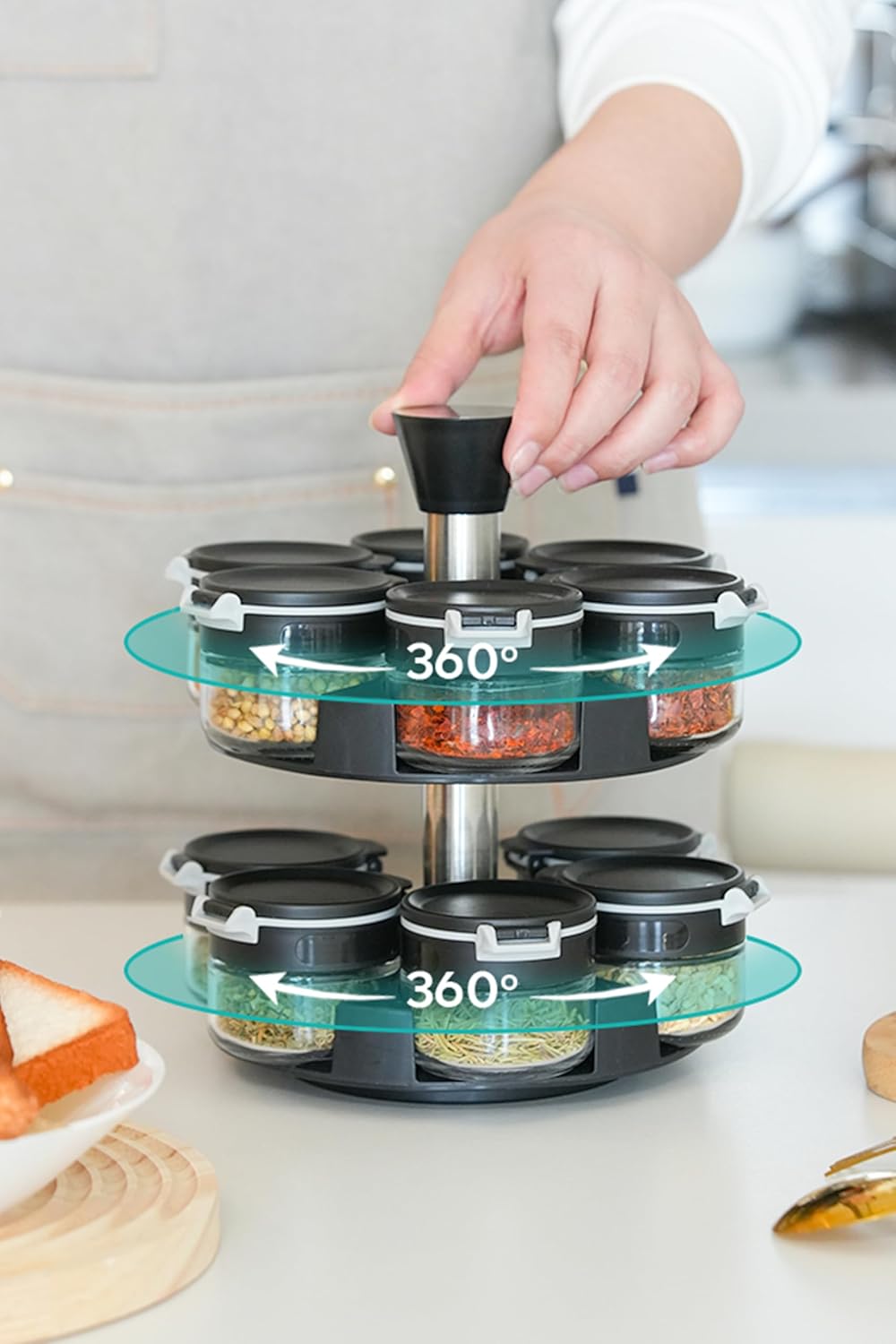 360 rotating 2 tier 12 jars spice rack (12 spice jars) Revolving Seasoning Organizer. Spinning Spice Rack for Counter top and Cabinet